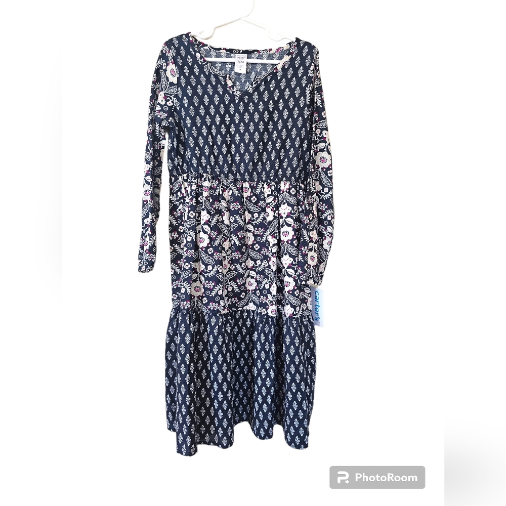 CARTERS Kids Navy Floral Long Sleeved Dress NWT Size 7/7A Retail $42